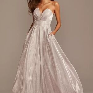 Betsy & Adam Strapless Gown in Shimmering Silver For Prom, Wedding, Formal Event